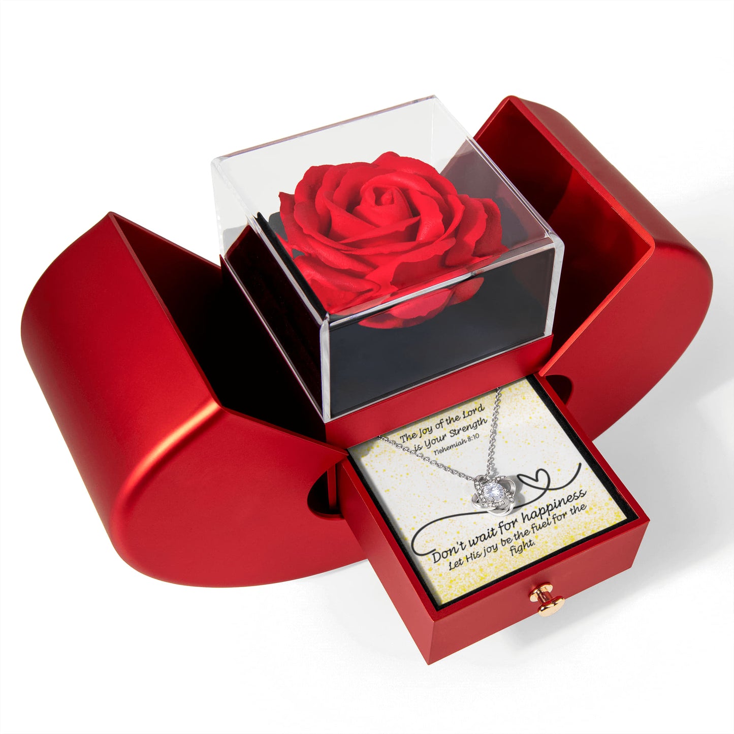 The Joy of the Lord Is Your Strength (Nehemiah 8:10) | Love Knot Necklace in Red Heart Rose Box