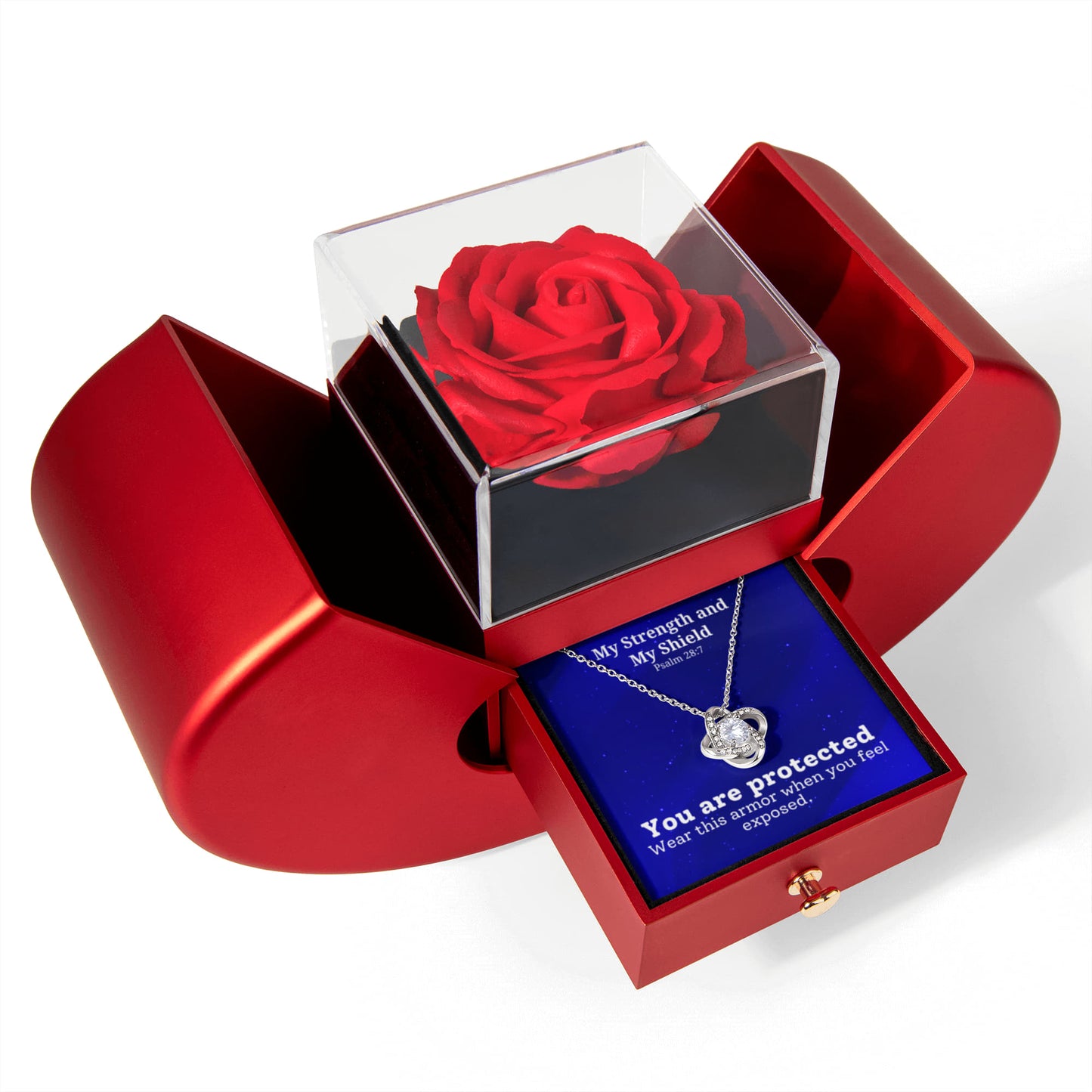 My Strength and My Shield (Psalm 28:7) | Love Knot Necklace in Red Heart Rose Box