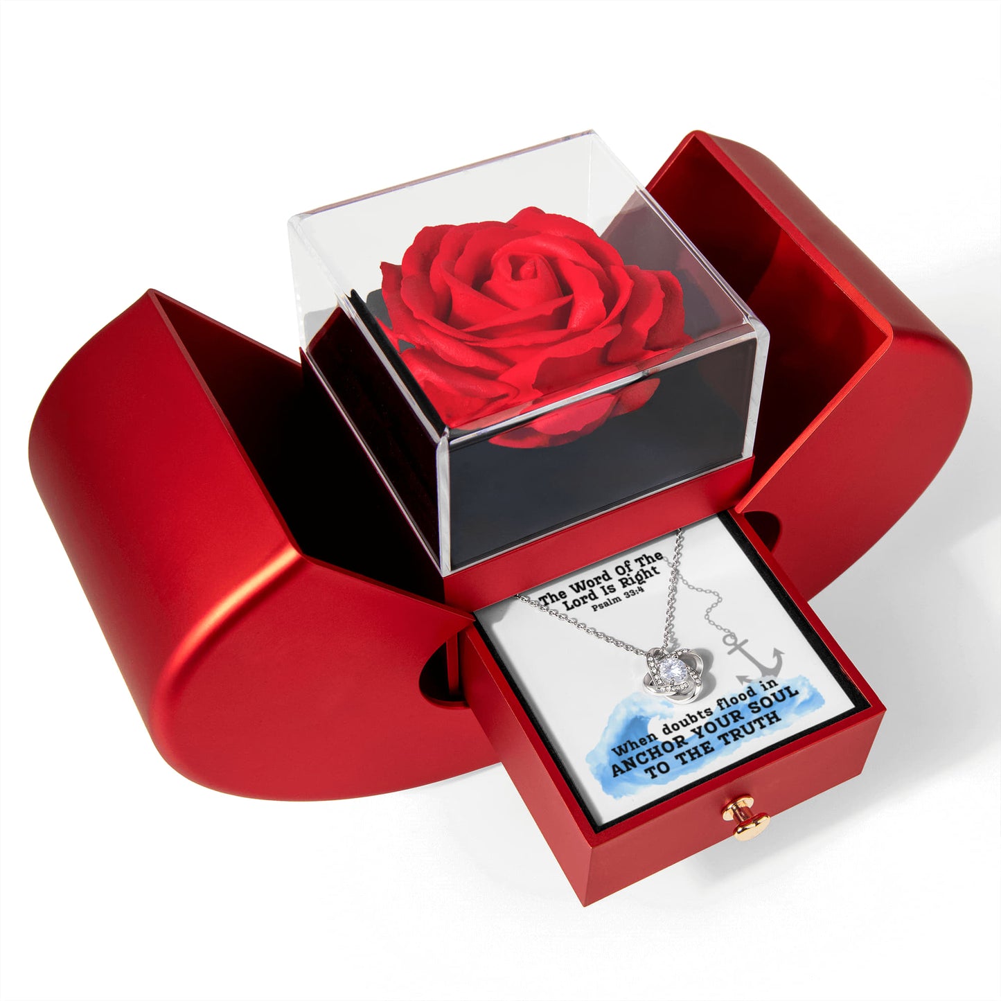 The Word Of The Lord Is Right (Psalm 33:4) | Love Knot Necklace in Red Heart Rose Box