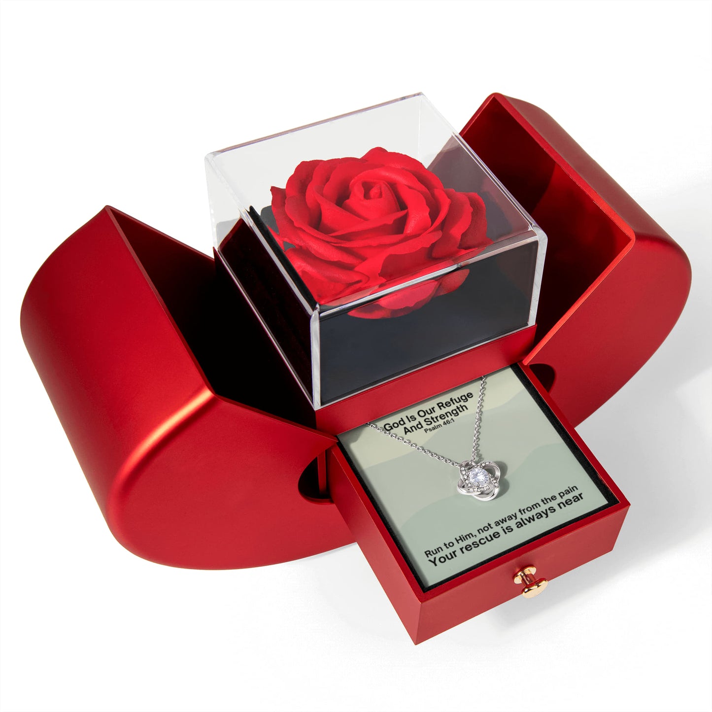 God Is Our Refuge And Strength (Psalm 46:1) | Love Knot Necklace in Red Heart Rose Box