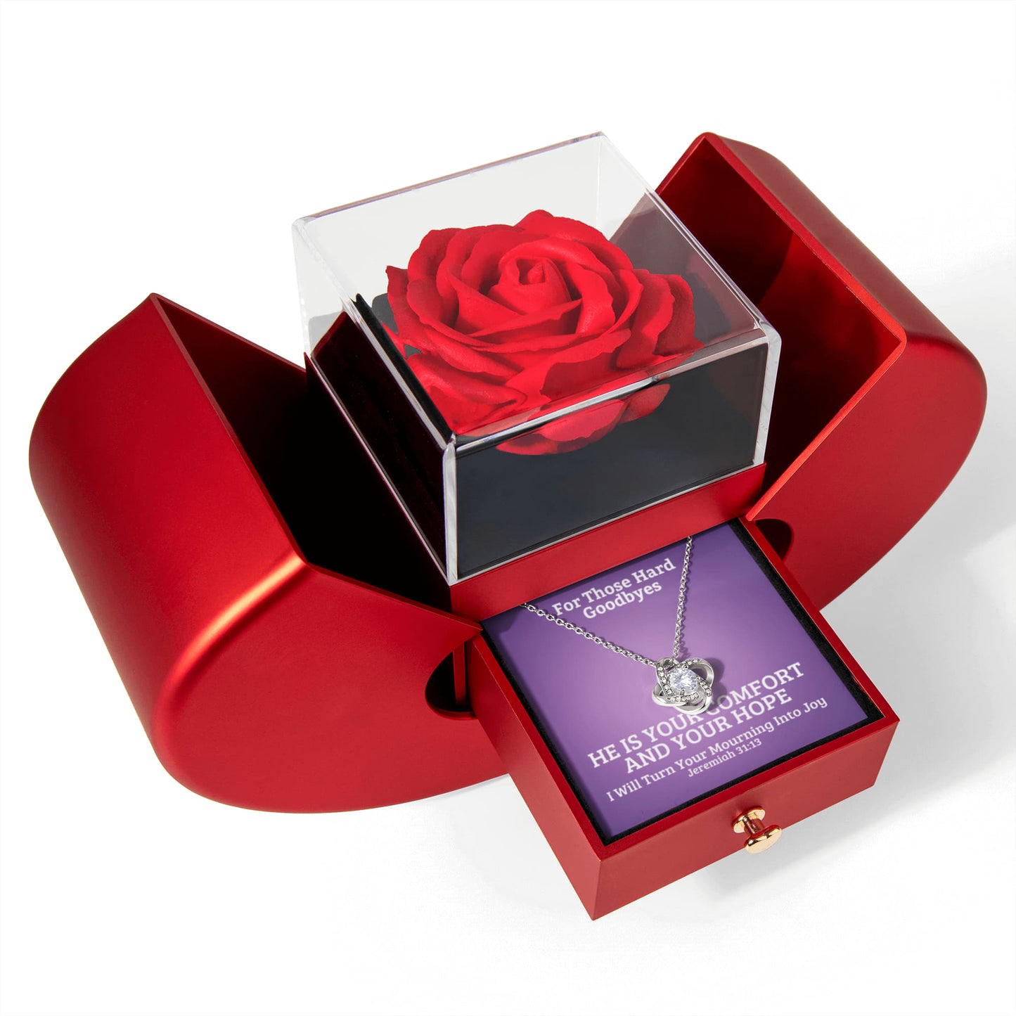 I Will Turn Your Mourning Into Joy (Jeremiah 31:13) | Love Knot Necklace in Red Heart Rose Box