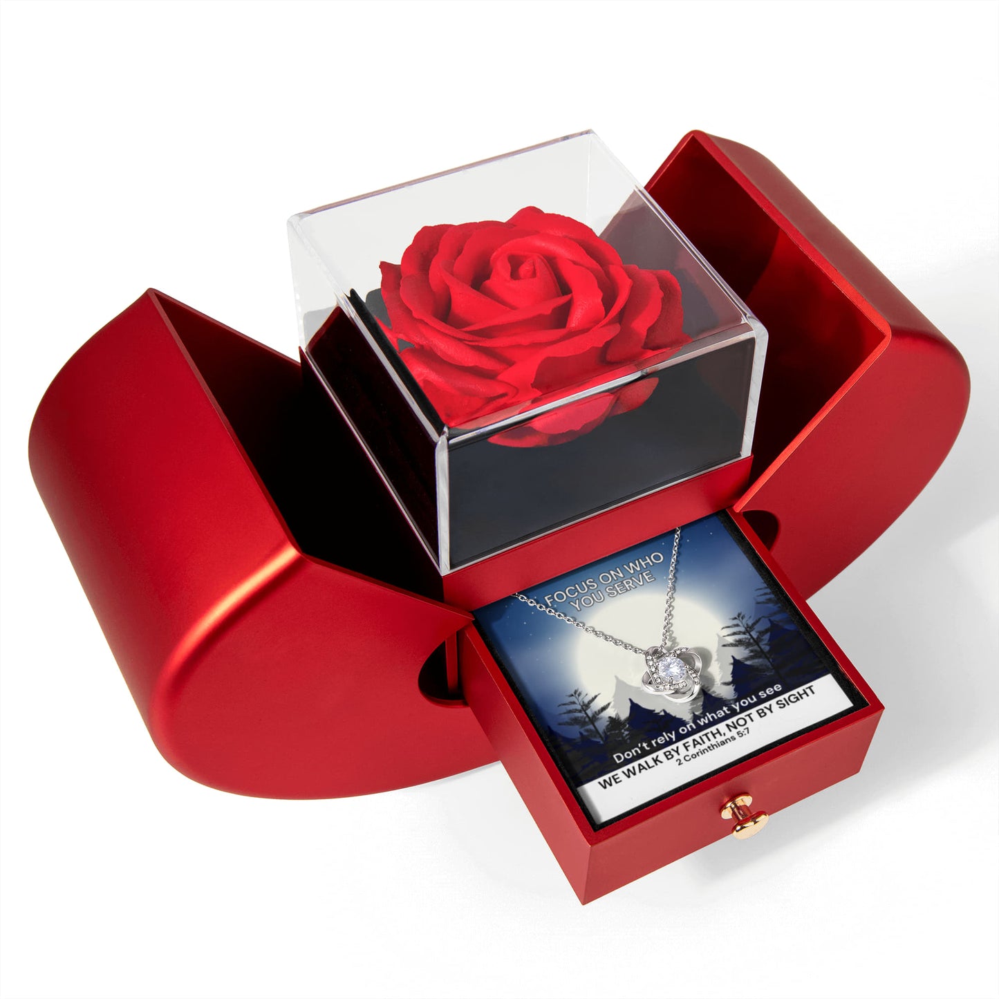 We Walk By Faith, Not By Sight (2 Corinthians 5:7) | Love Knot Necklace in Red Heart Rose Box