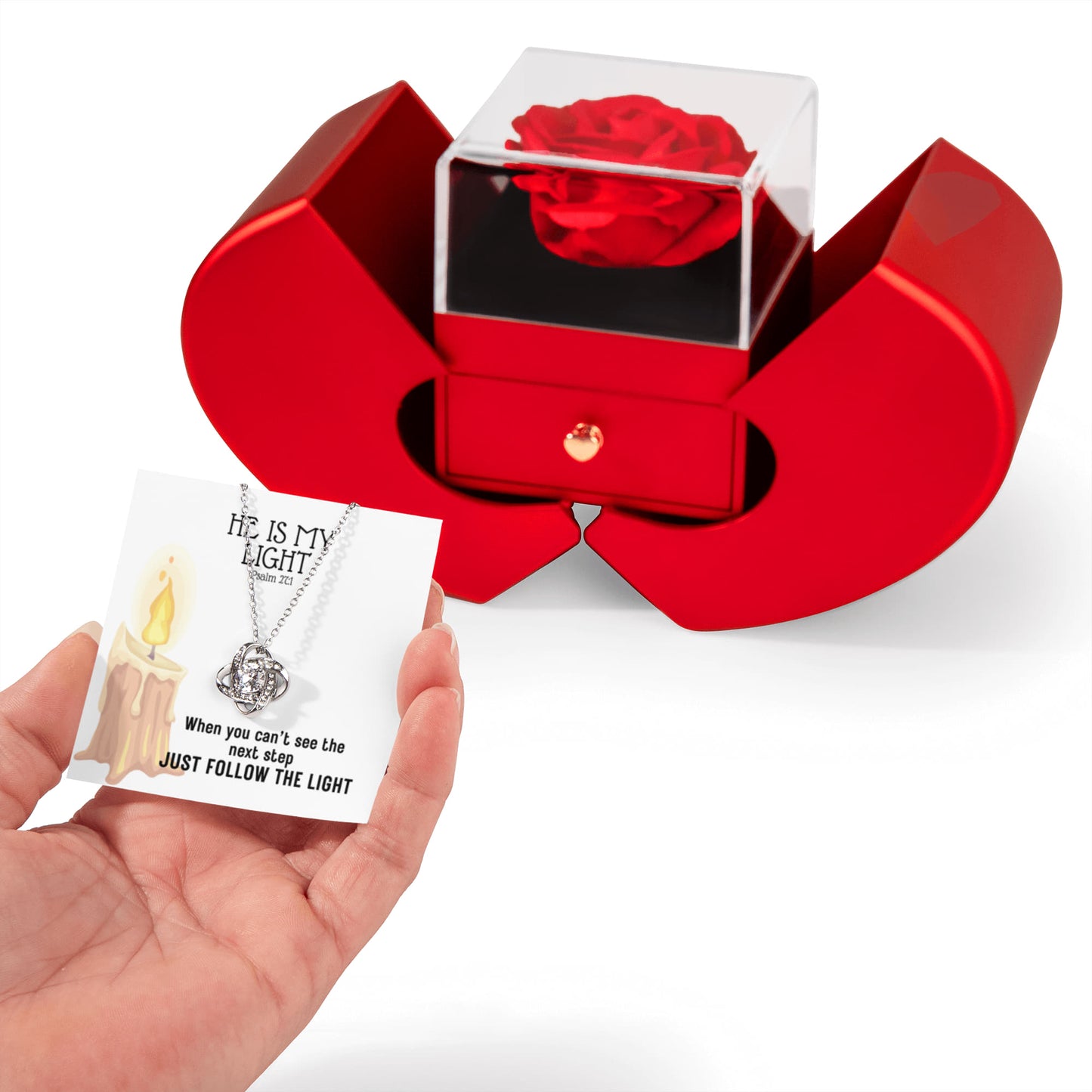 He Is My Light (Psalm 27:1) | Love Knot Necklace in Red Heart Rose Box