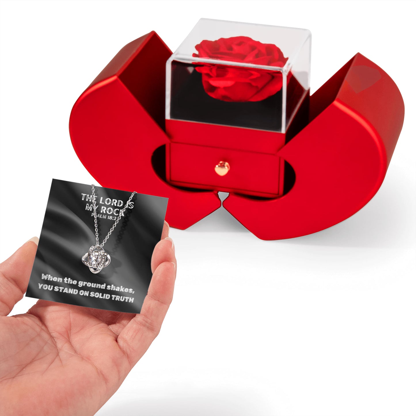 The Lord Is My Rock (Psalm 18:2) | Love Knot Necklace in Red Heart Rose Box