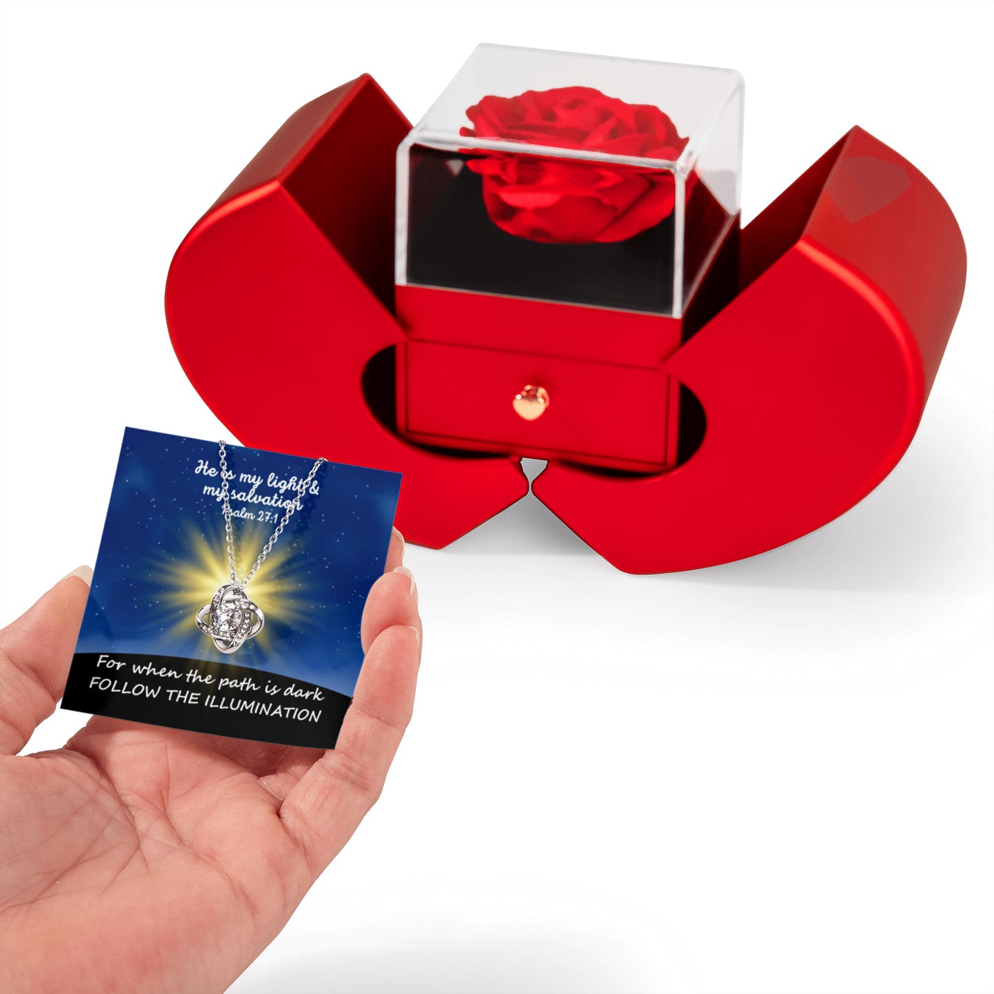 He Is My Light & My Salvation (Psalm 27:1) | Love Knot Necklace in Red Heart Rose Box