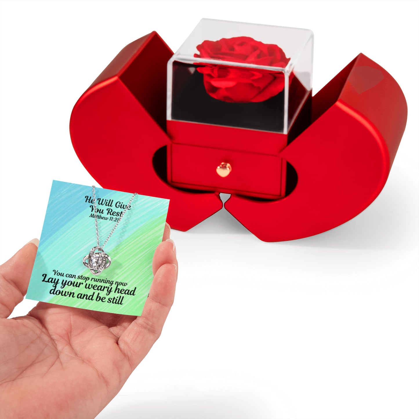 He Will Give You Rest (Matthew 11:28) | Love Knot Necklace in Red Heart Rose Box