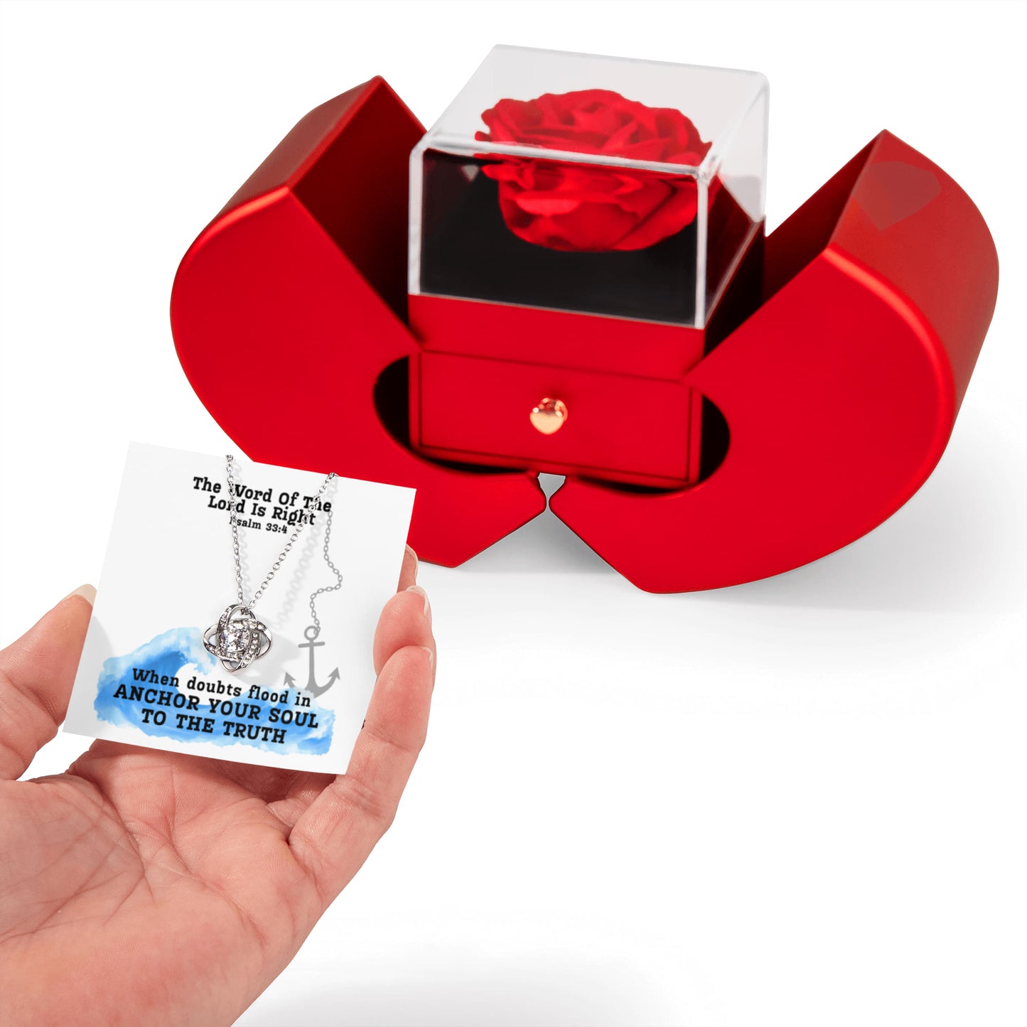 The Word Of The Lord Is Right (Psalm 33:4) | Love Knot Necklace in Red Heart Rose Box
