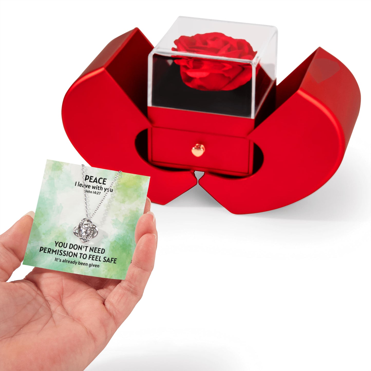 Peace I Leave With You (John 14:27) | Love Knot Necklace in Red Heart Rose Box