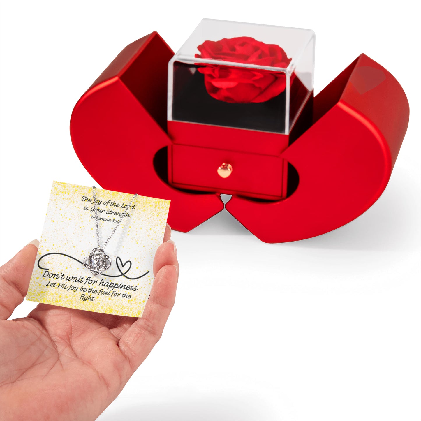 The Joy of the Lord Is Your Strength (Nehemiah 8:10) | Love Knot Necklace in Red Heart Rose Box