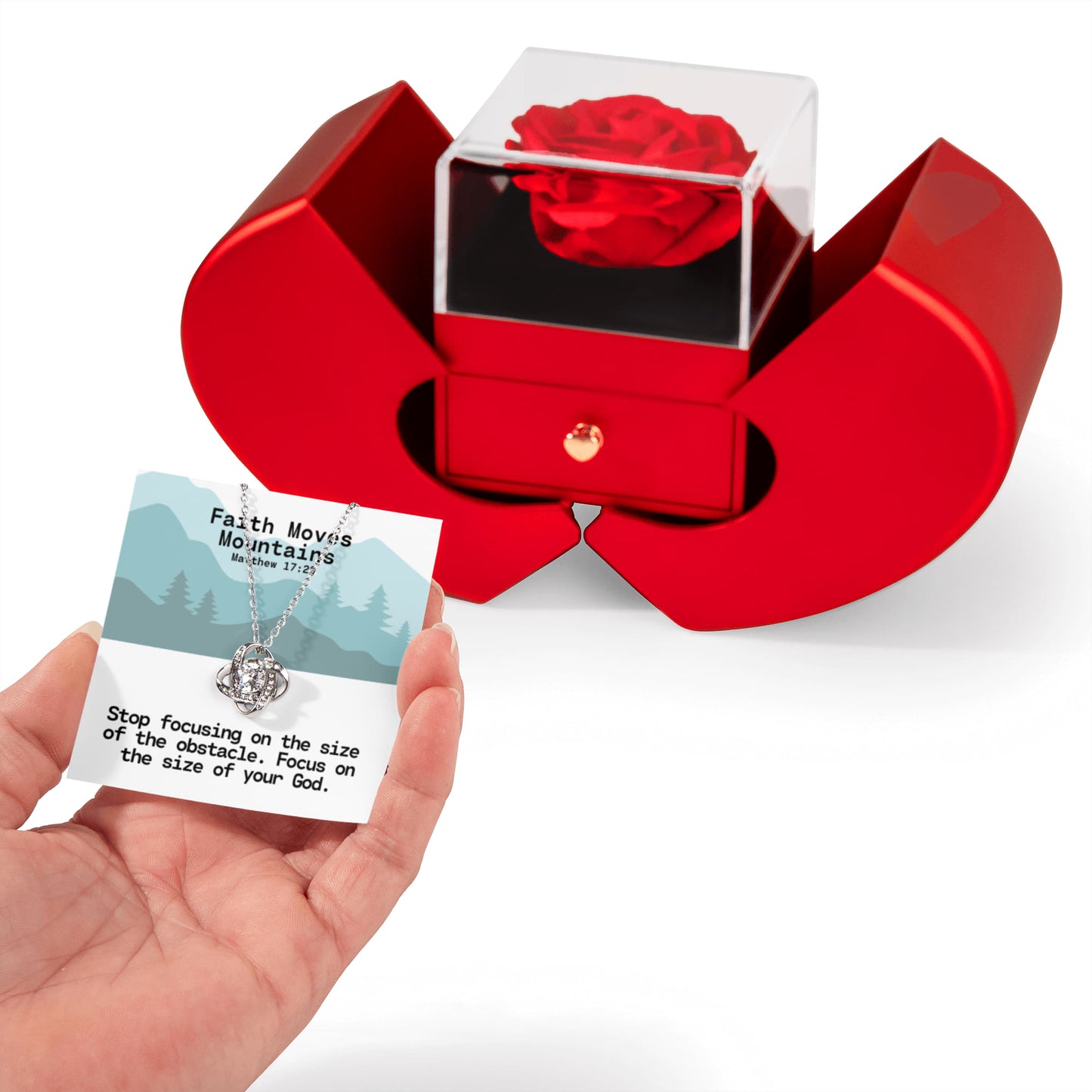 Faith Moves Mountains (Matthew 17:20) | Love Knot Necklace in Red Heart Rose Box