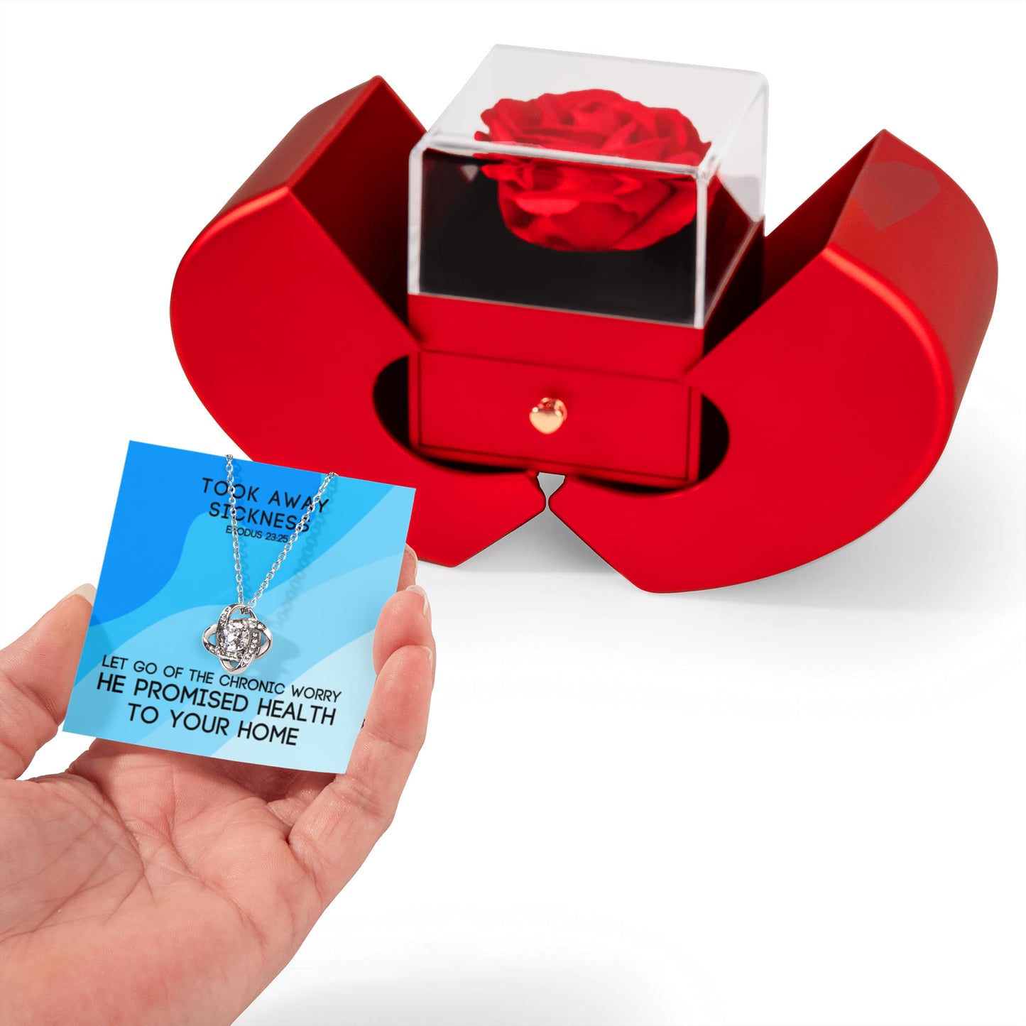 Took Away Sickness (Exodus 23:25) | Love Knot Necklace in Red Heart Rose Box