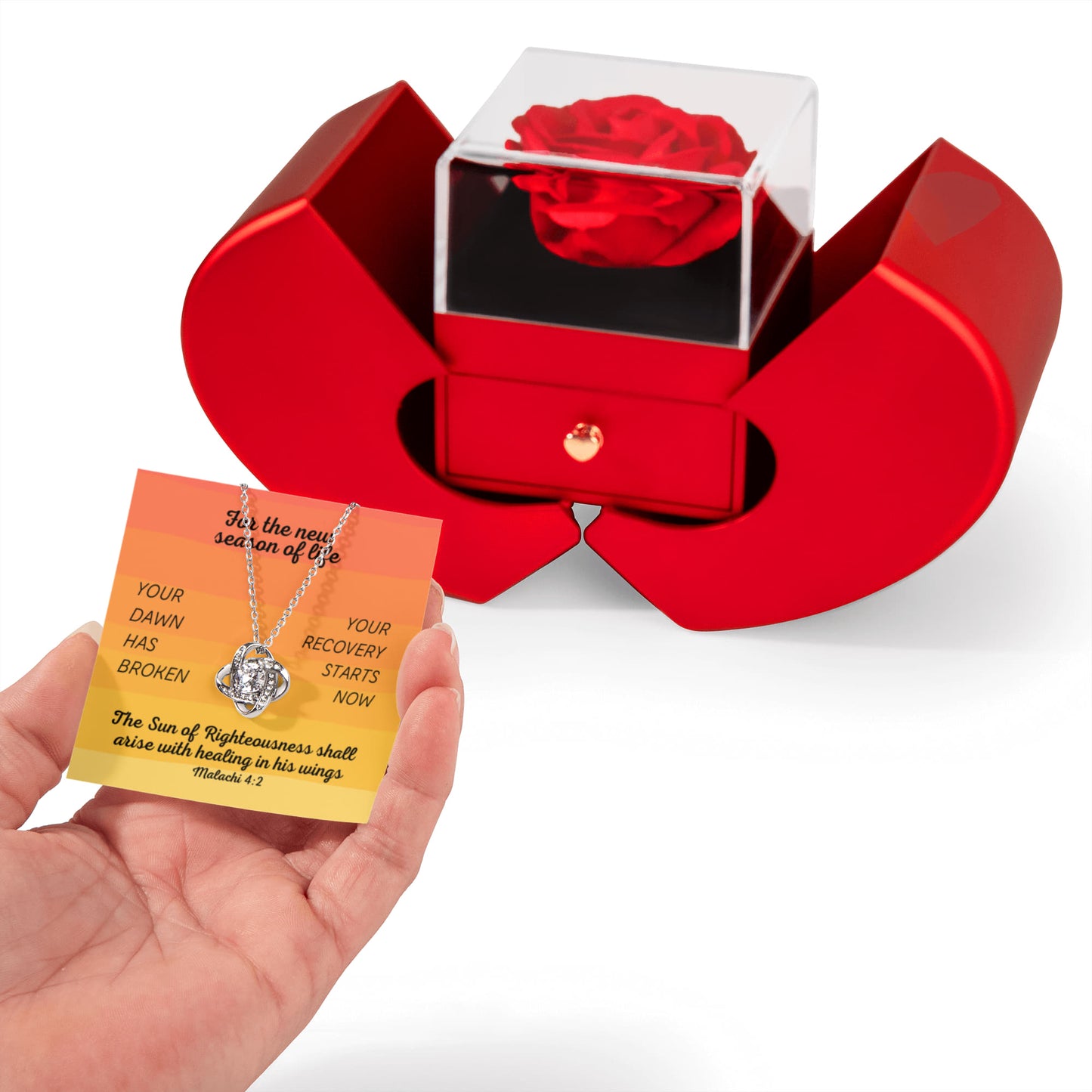 Healing In His Wings (Malachi 4:2) | Love Knot Necklace in Red Heart Rose Box