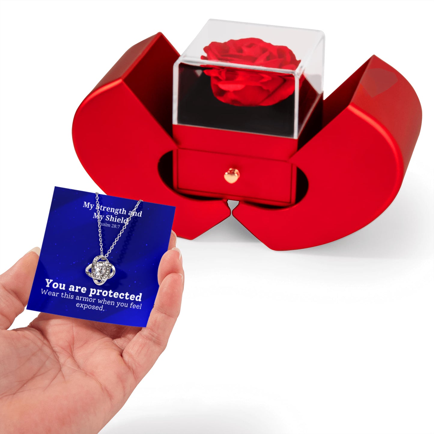 My Strength and My Shield (Psalm 28:7) | Love Knot Necklace in Red Heart Rose Box