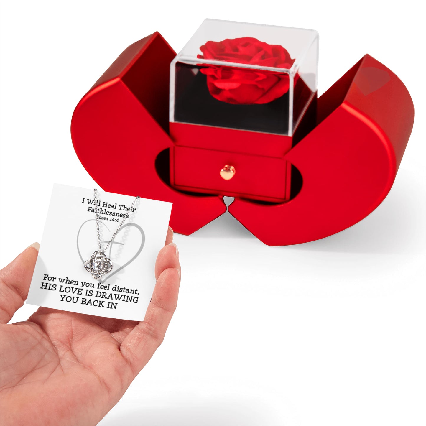 I Will Heal Their  Faithlessness (Hosea 14:4) | Love Knot Necklace in Red Heart Rose Box