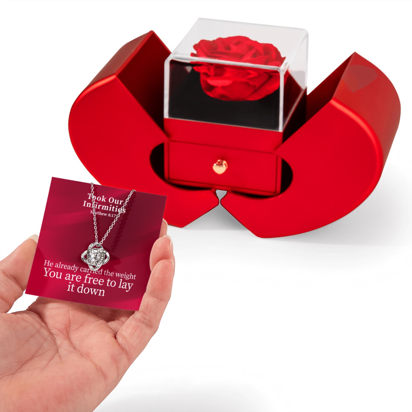 Took Our Infirmities (Matthew :17) | Love Knot Necklace in Red Heart Rose Box