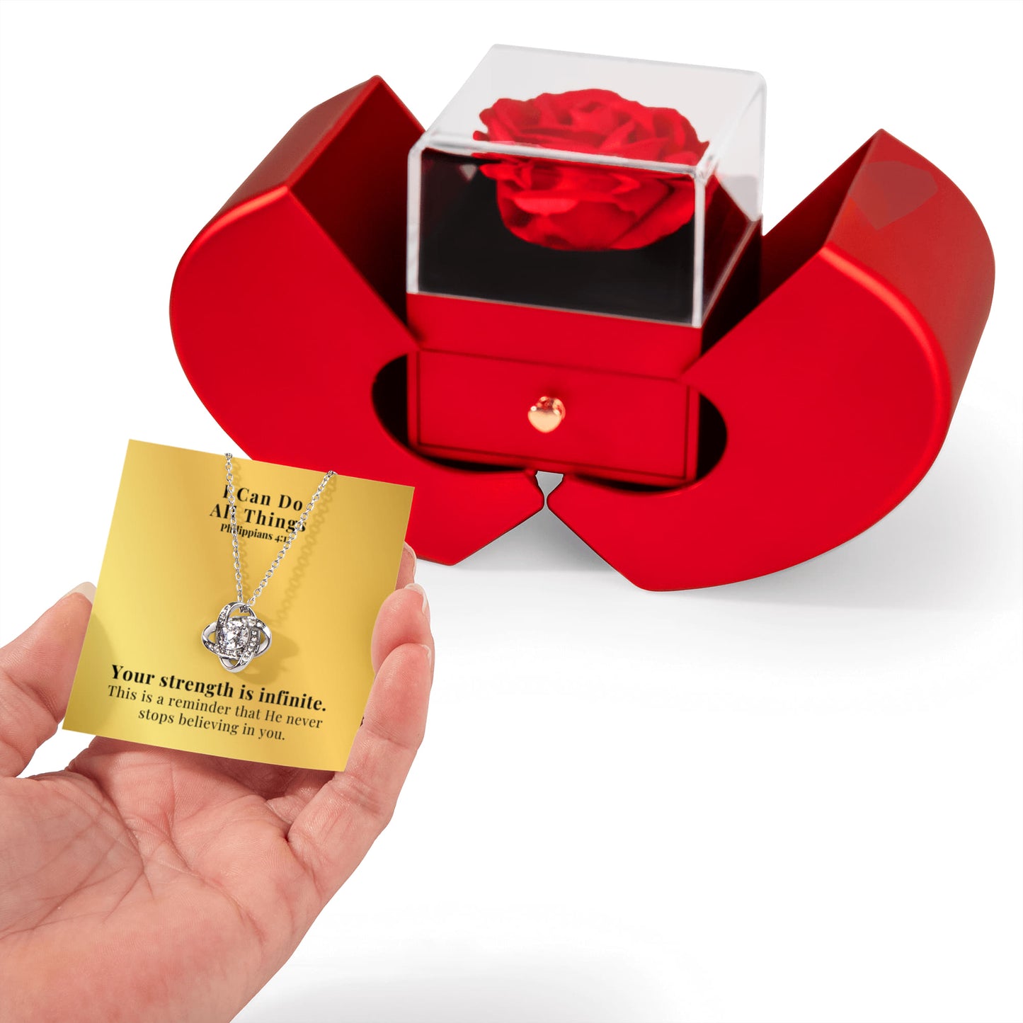 I Can Do All Things (Philippians 4:13) | Love Knot Necklace in Red Heart Rose Box