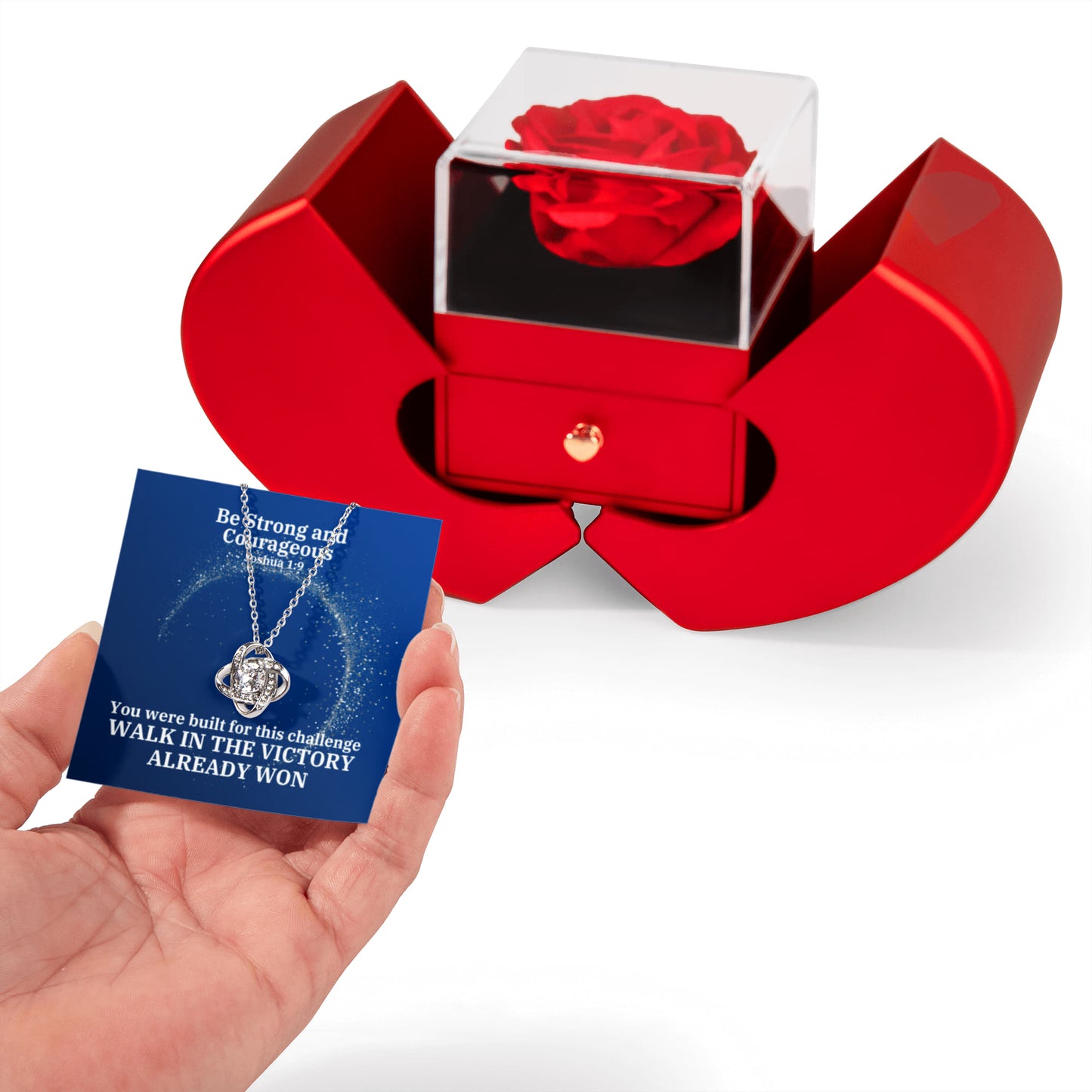 Be Strong And Courageous (Joshua 1:9) | Love Knot Necklace in Red Heart Rose Box