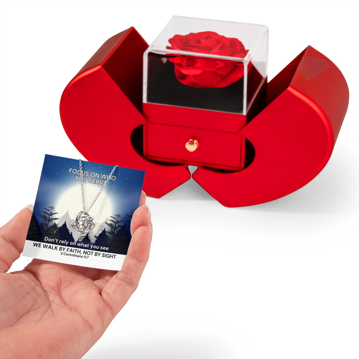We Walk By Faith, Not By Sight (2 Corinthians 5:7) | Love Knot Necklace in Red Heart Rose Box