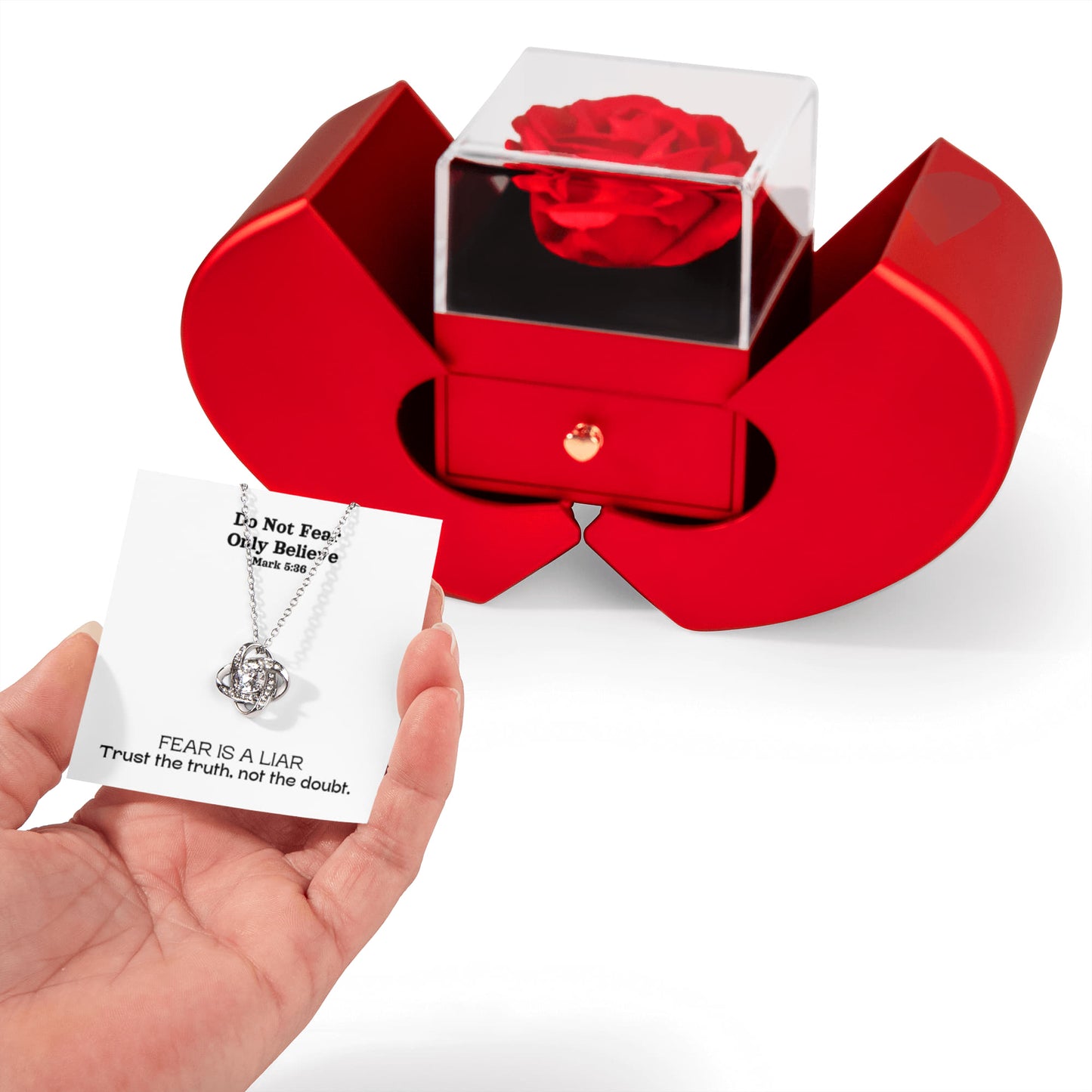 Do Not Fear Only Believe (Mark 5:36) | Love Knot Necklace in Red Heart Rose Box