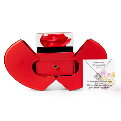 He Heals The Brokenhearted (Psalm 147:3) | Love Knot Necklace in Red Heart Rose Box