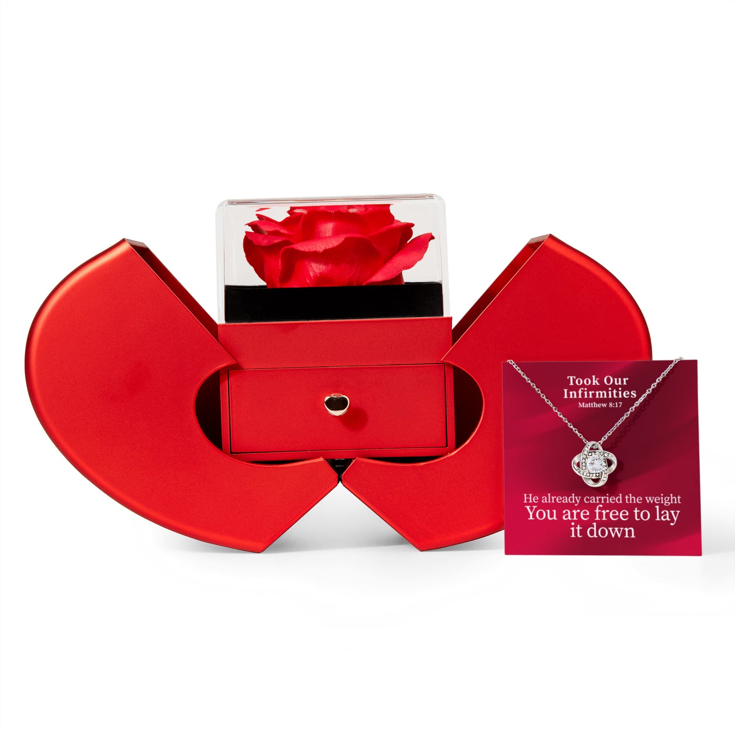 Took Our Infirmities (Matthew :17) | Love Knot Necklace in Red Heart Rose Box