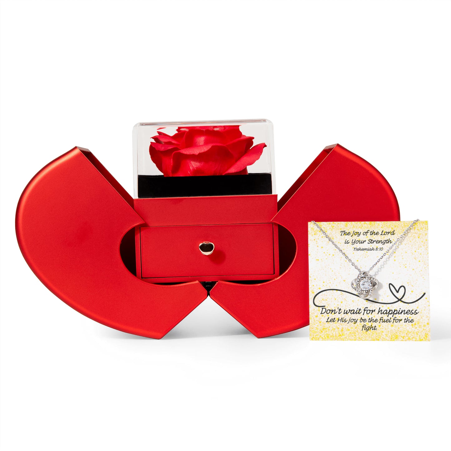 The Joy of the Lord Is Your Strength (Nehemiah 8:10) | Love Knot Necklace in Red Heart Rose Box