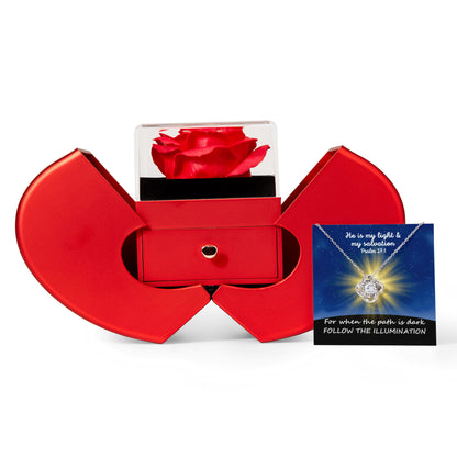 He Is My Light & My Salvation (Psalm 27:1) | Love Knot Necklace in Red Heart Rose Box