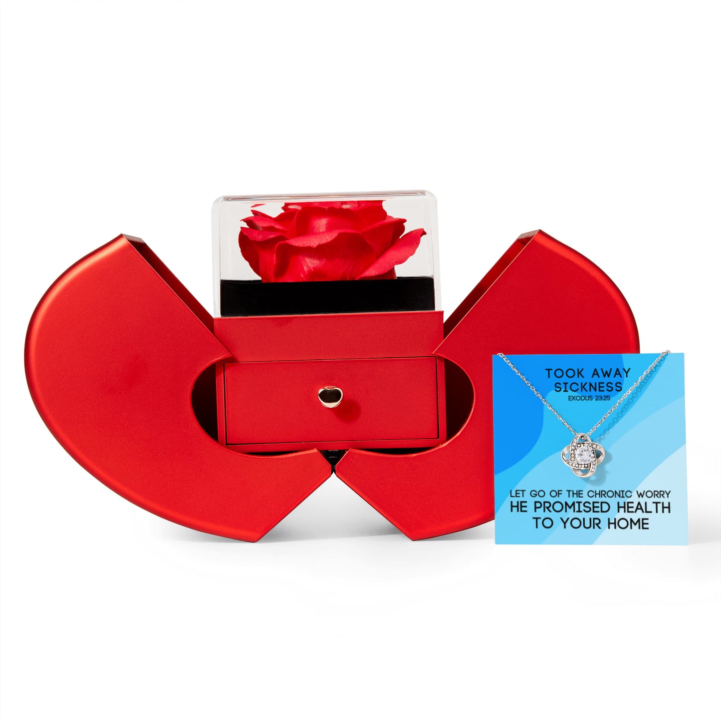 Took Away Sickness (Exodus 23:25) | Love Knot Necklace in Red Heart Rose Box