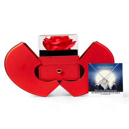 We Walk By Faith, Not By Sight (2 Corinthians 5:7) | Love Knot Necklace in Red Heart Rose Box