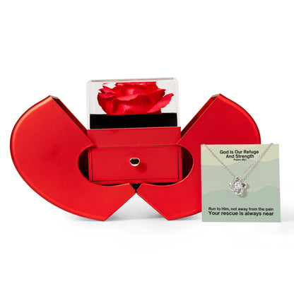 God Is Our Refuge And Strength (Psalm 46:1) | Love Knot Necklace in Red Heart Rose Box