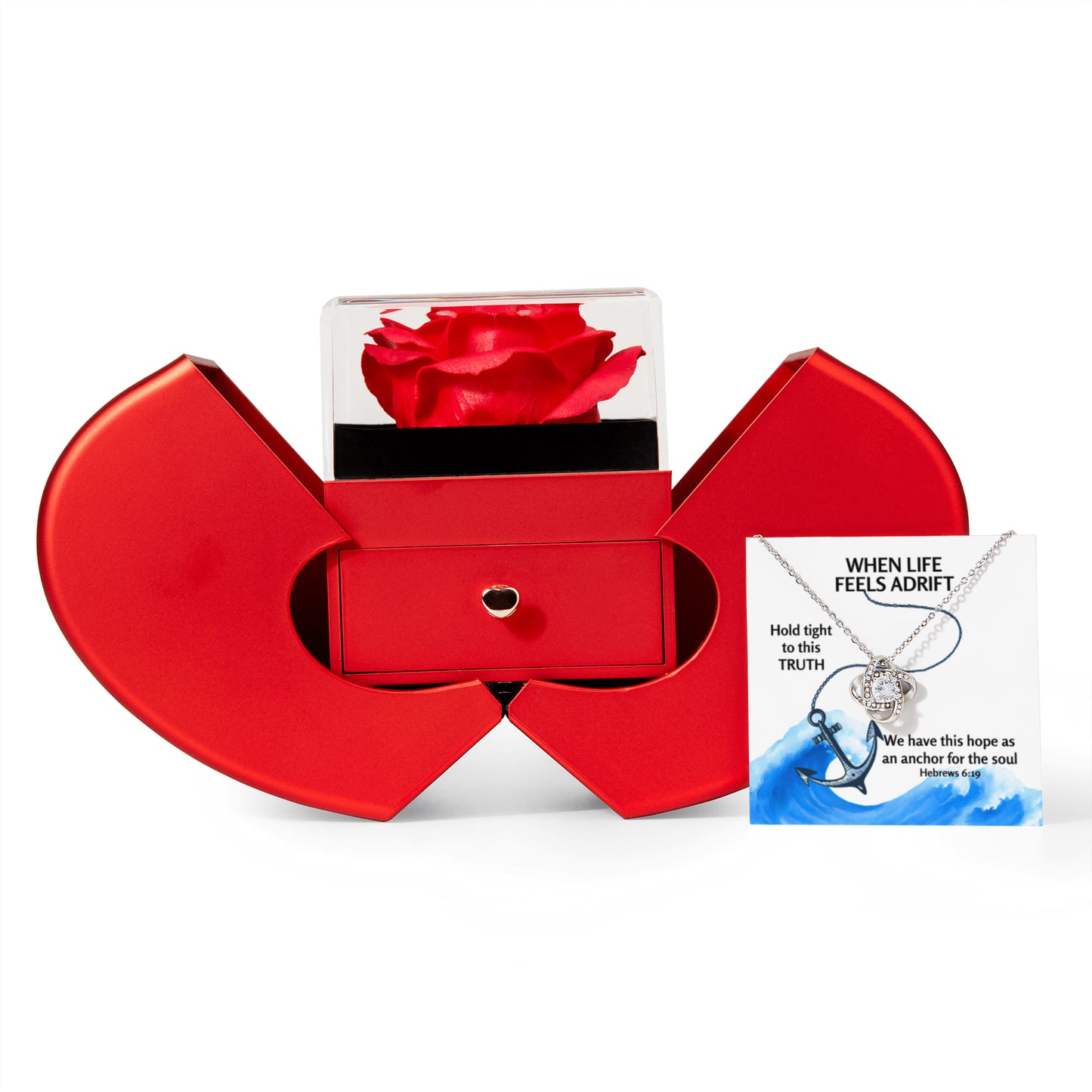 Hope Anchors The Soul (Hebrews 6:19) | Love Knot Necklace in Red Heart Rose Box