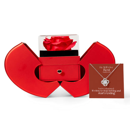 He Will Give  Rest (Matthew 11:28) | Love Knot Necklace in Red Heart Rose Box