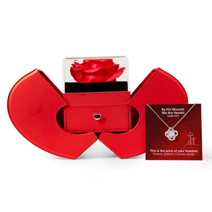 By His Wounds We Are Healed (Isaiah 53:5) | Love Knot Necklace in Red Heart Rose Box