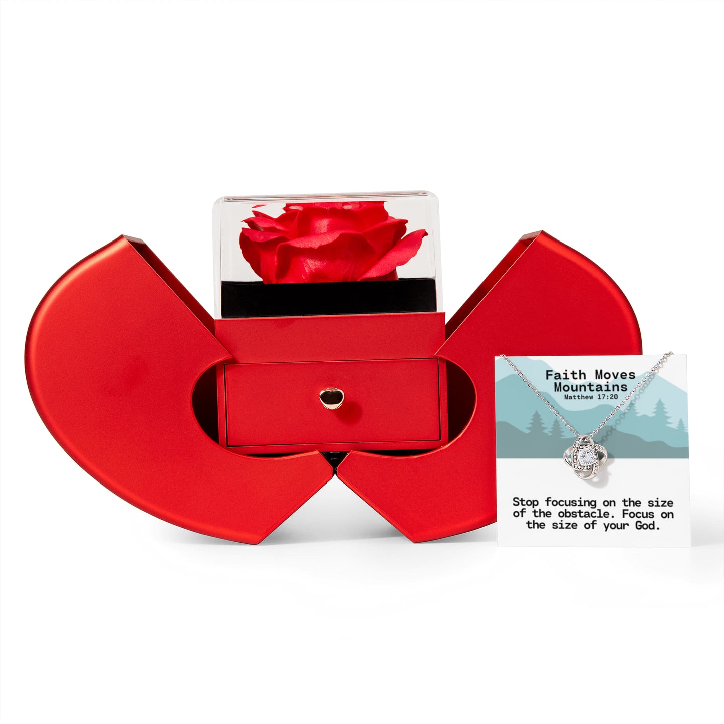 Faith Moves Mountains (Matthew 17:20) | Love Knot Necklace in Red Heart Rose Box