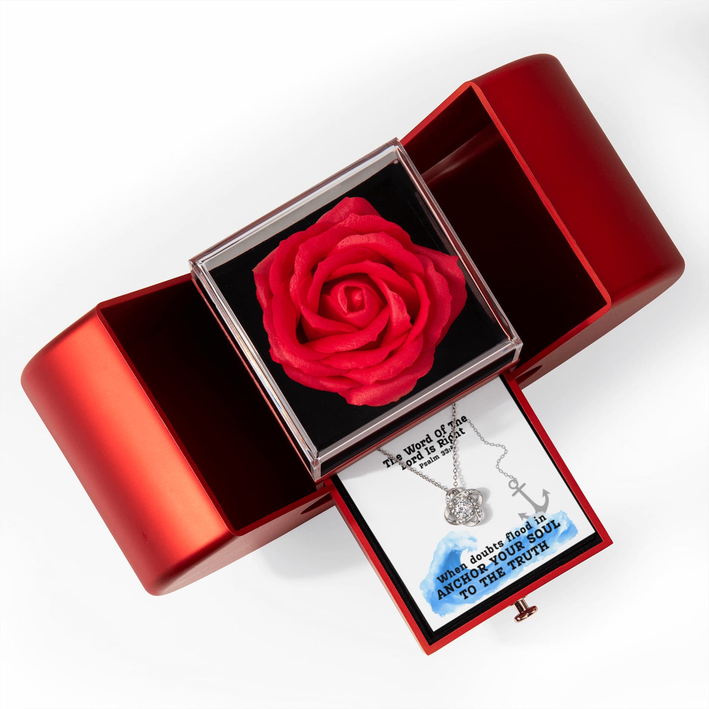 The Word Of The Lord Is Right (Psalm 33:4) | Love Knot Necklace in Red Heart Rose Box