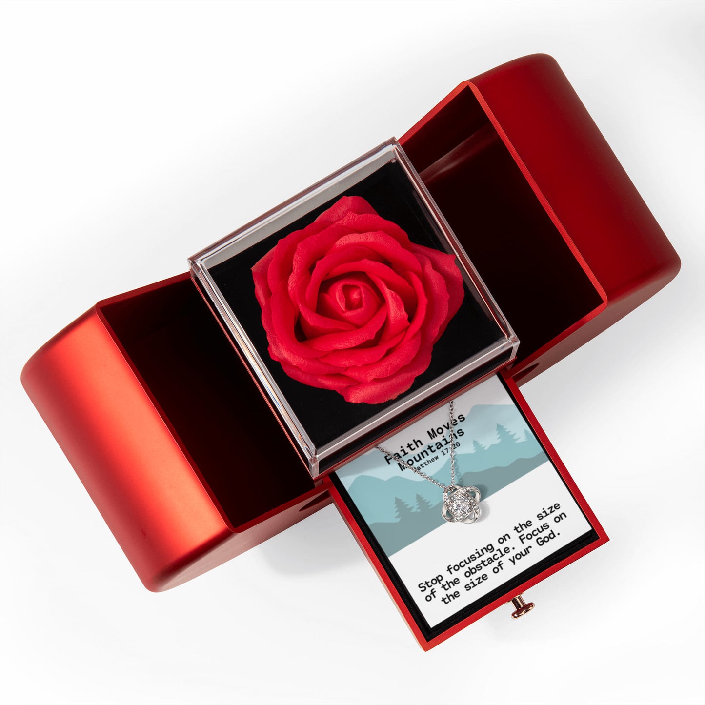 Faith Moves Mountains (Matthew 17:20) | Love Knot Necklace in Red Heart Rose Box