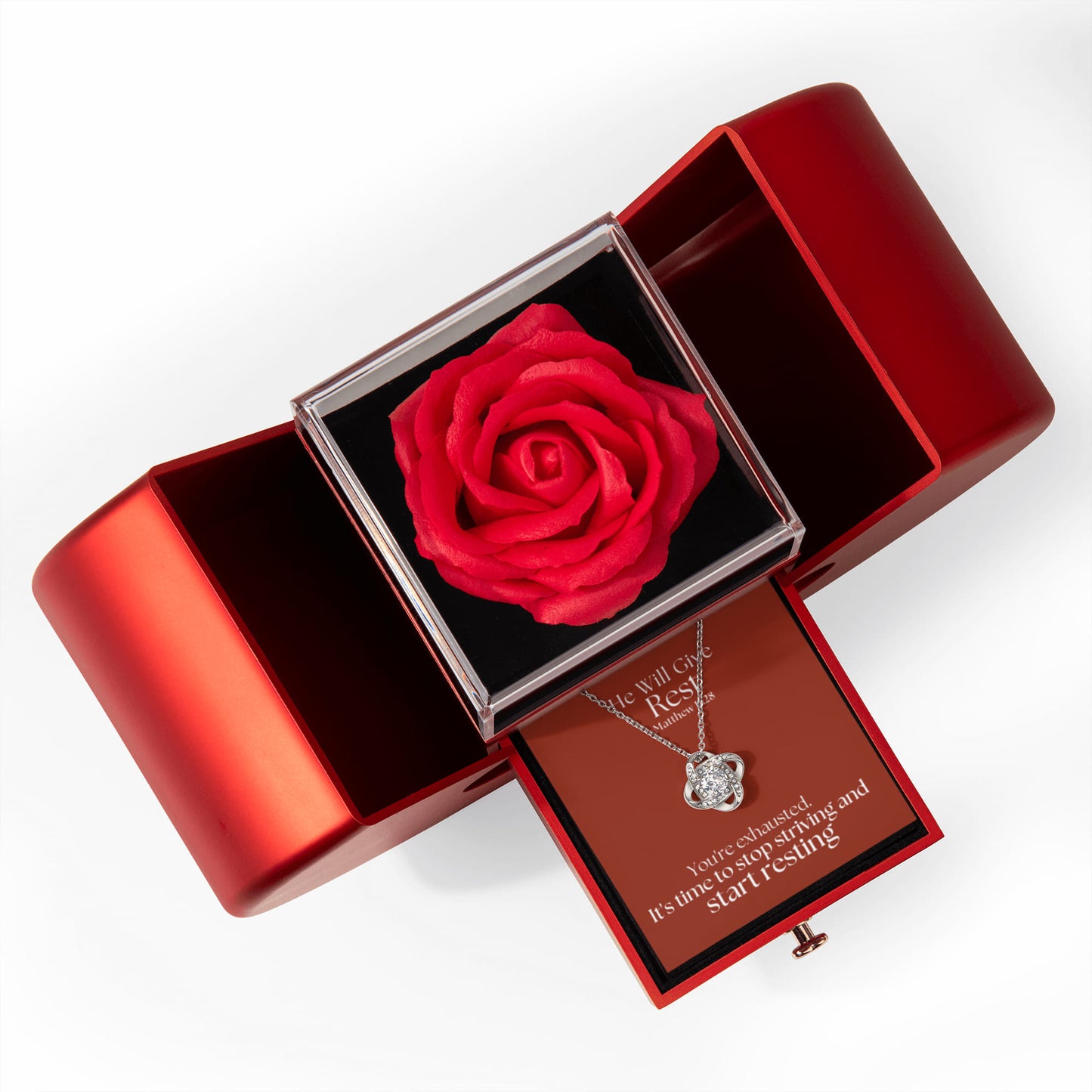 He Will Give  Rest (Matthew 11:28) | Love Knot Necklace in Red Heart Rose Box