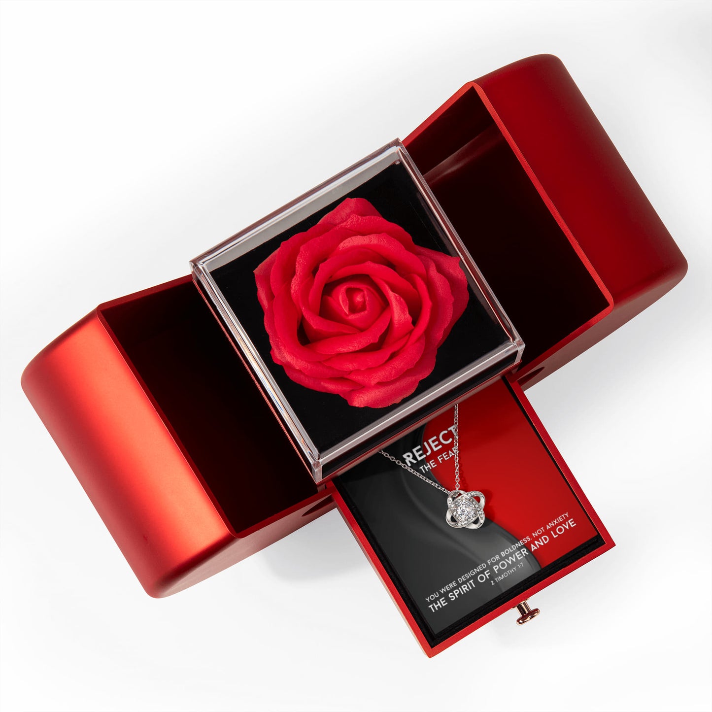 The Spirit Of Power And Love (2 Timothy 1:7) | Love Knot Necklace in Red Heart Rose Box