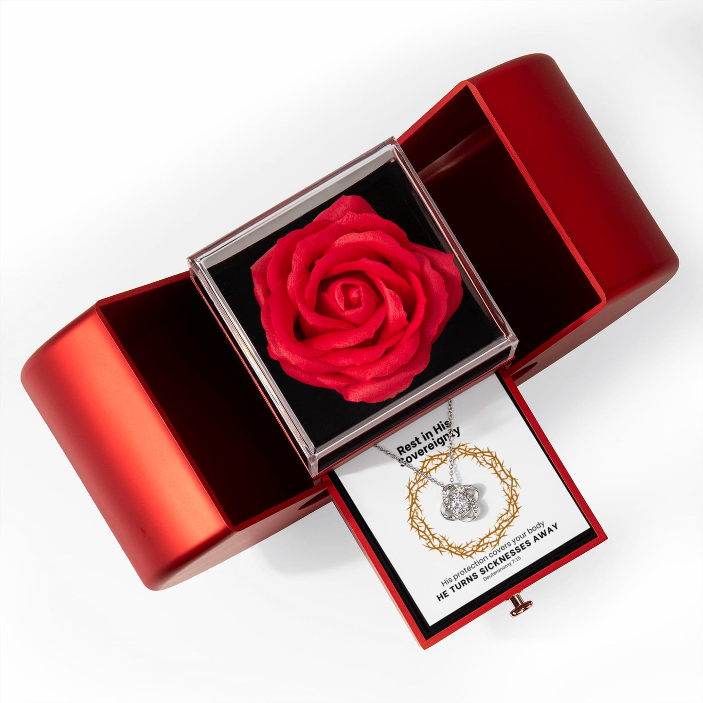 He Turns Sicknesses Away (Deuteronomy 7:15) | Love Knot Necklace in Red Heart Rose Box