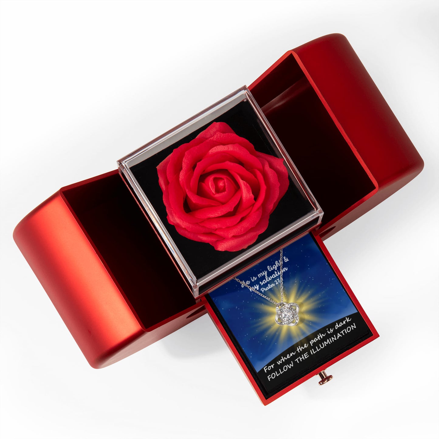 He Is My Light & My Salvation (Psalm 27:1) | Love Knot Necklace in Red Heart Rose Box