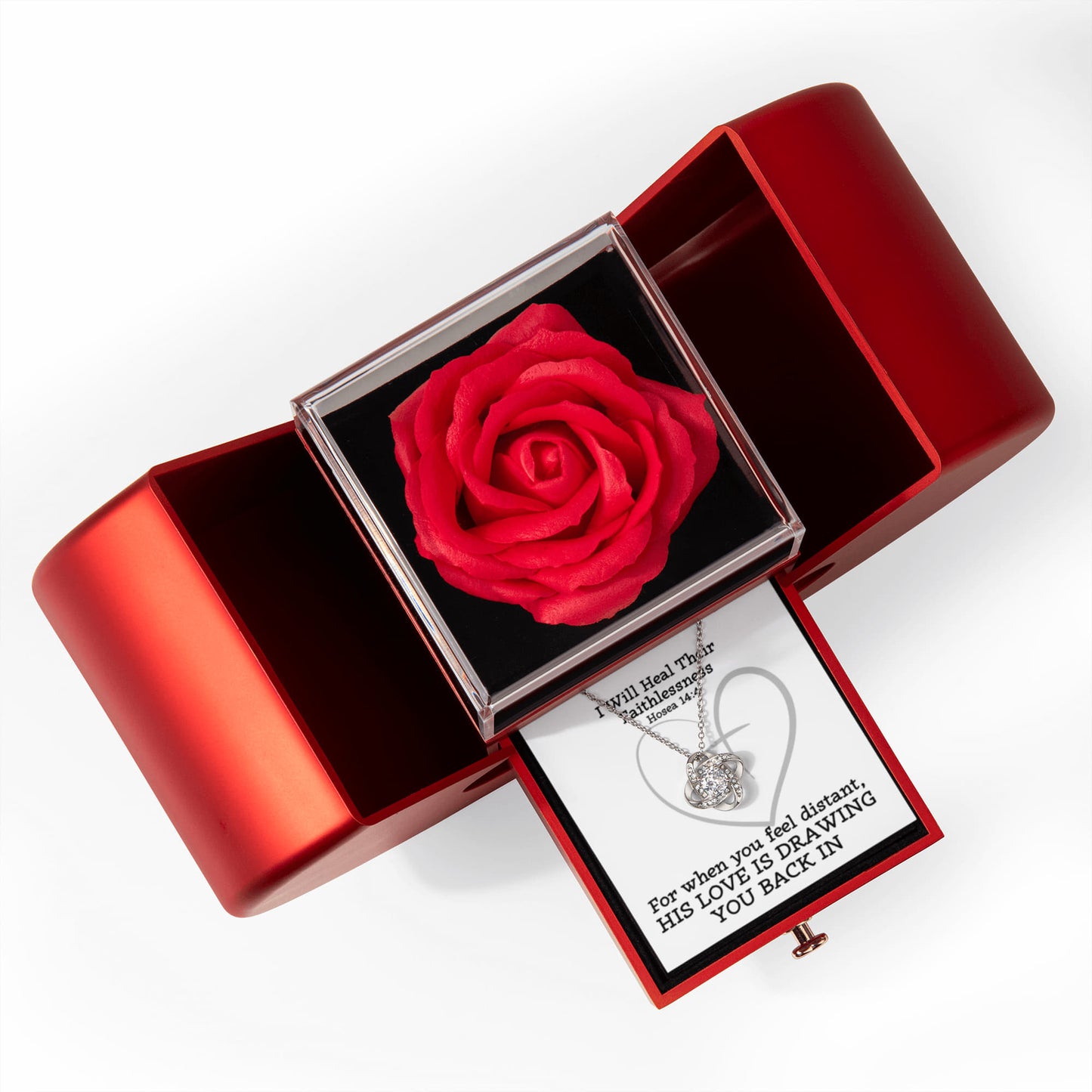 I Will Heal Their  Faithlessness (Hosea 14:4) | Love Knot Necklace in Red Heart Rose Box