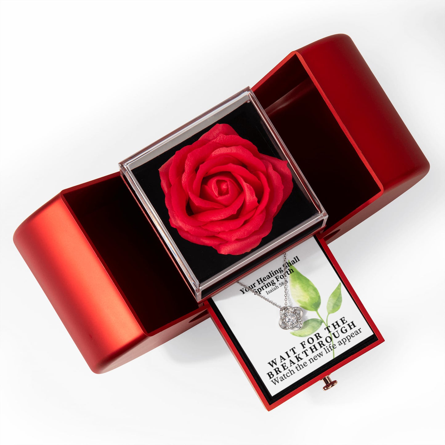 Your Healing Shall Spring Forth (Isaiah 58:8) | Love Knot Necklace in Red Heart Rose Box