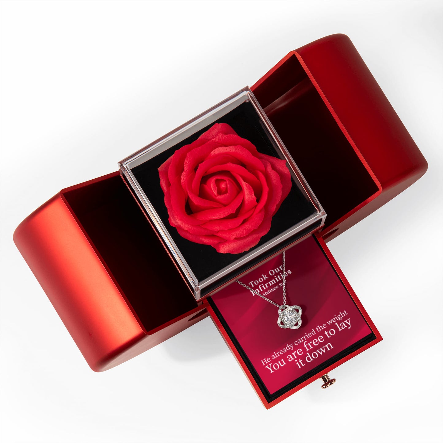 Took Our Infirmities (Matthew :17) | Love Knot Necklace in Red Heart Rose Box