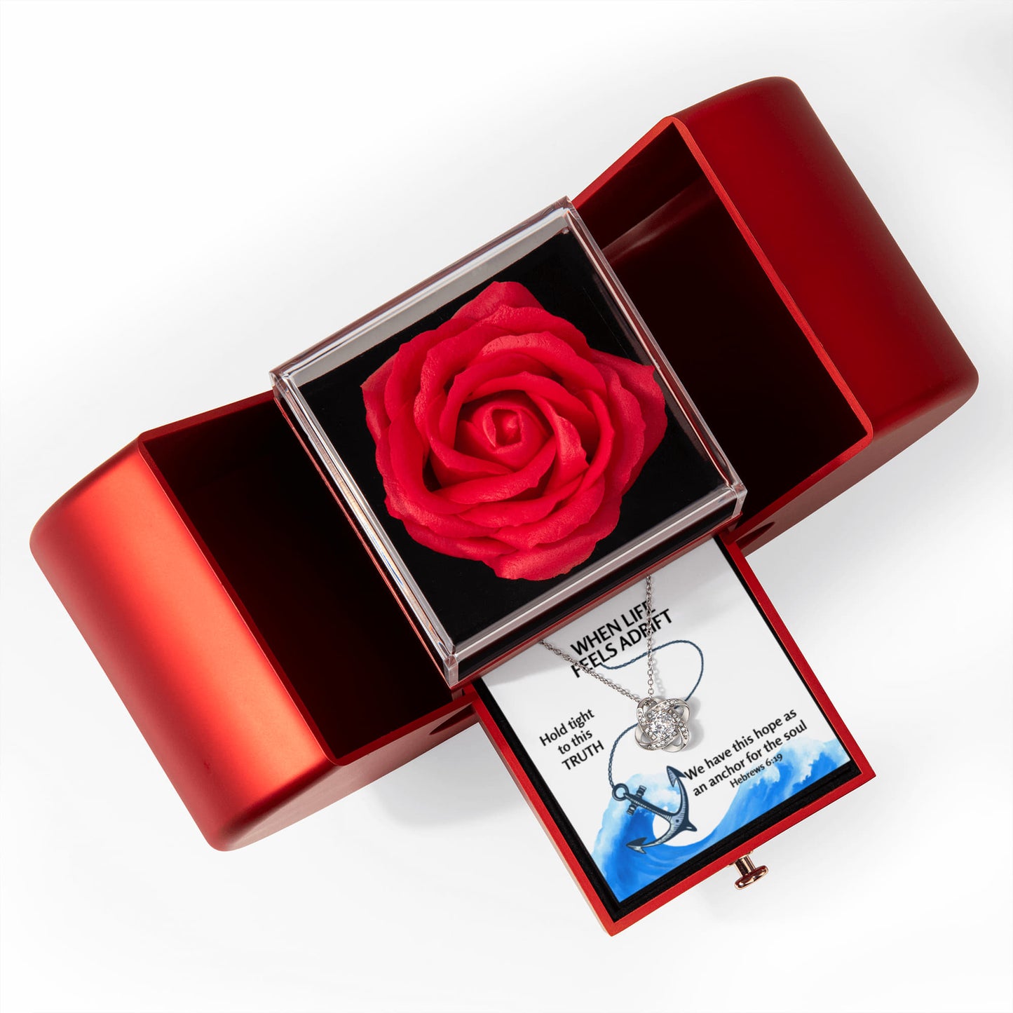 Hope Anchors The Soul (Hebrews 6:19) | Love Knot Necklace in Red Heart Rose Box
