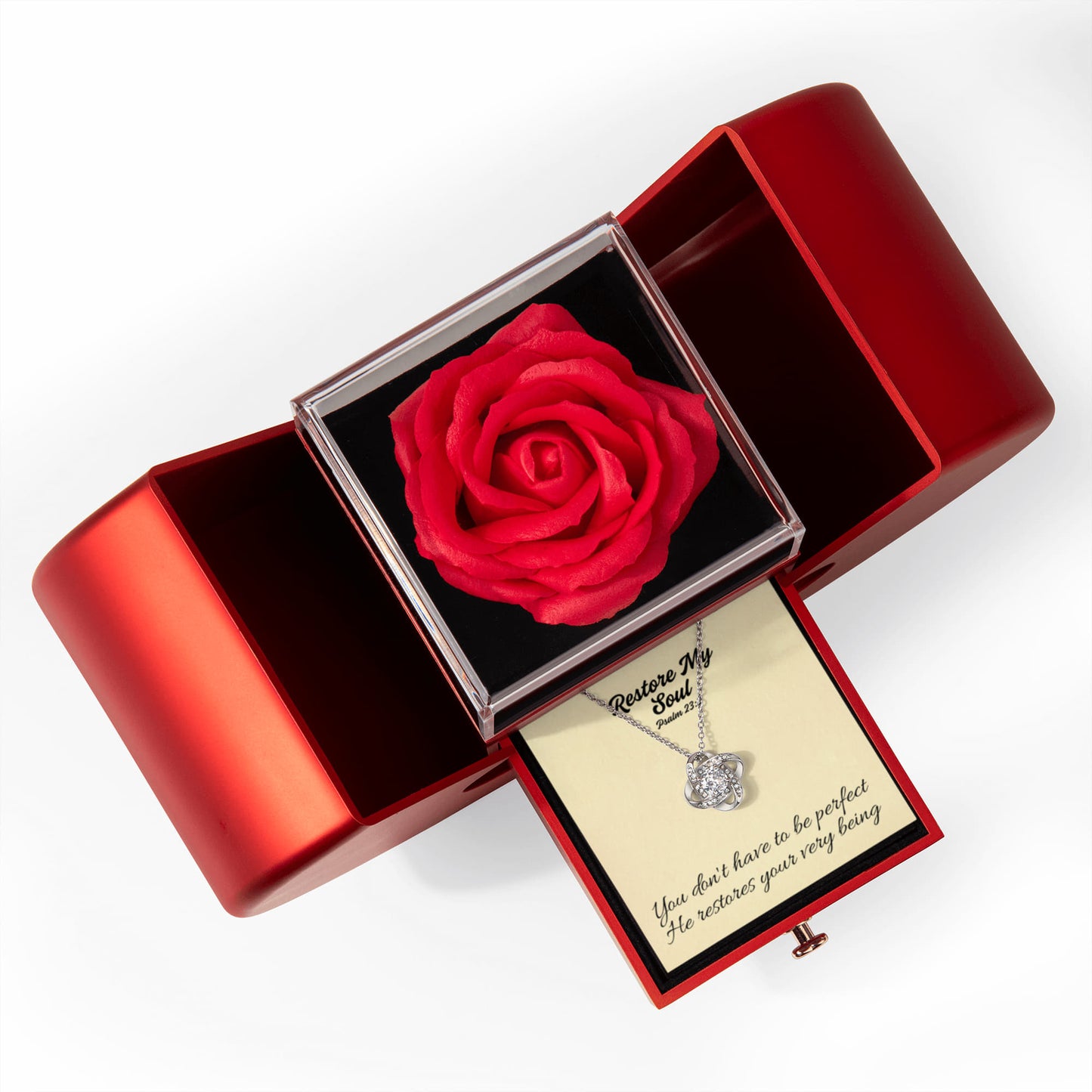 Restore My Soul (Psalm 23:3) | Love Knot Necklace in Red Heart Rose Box