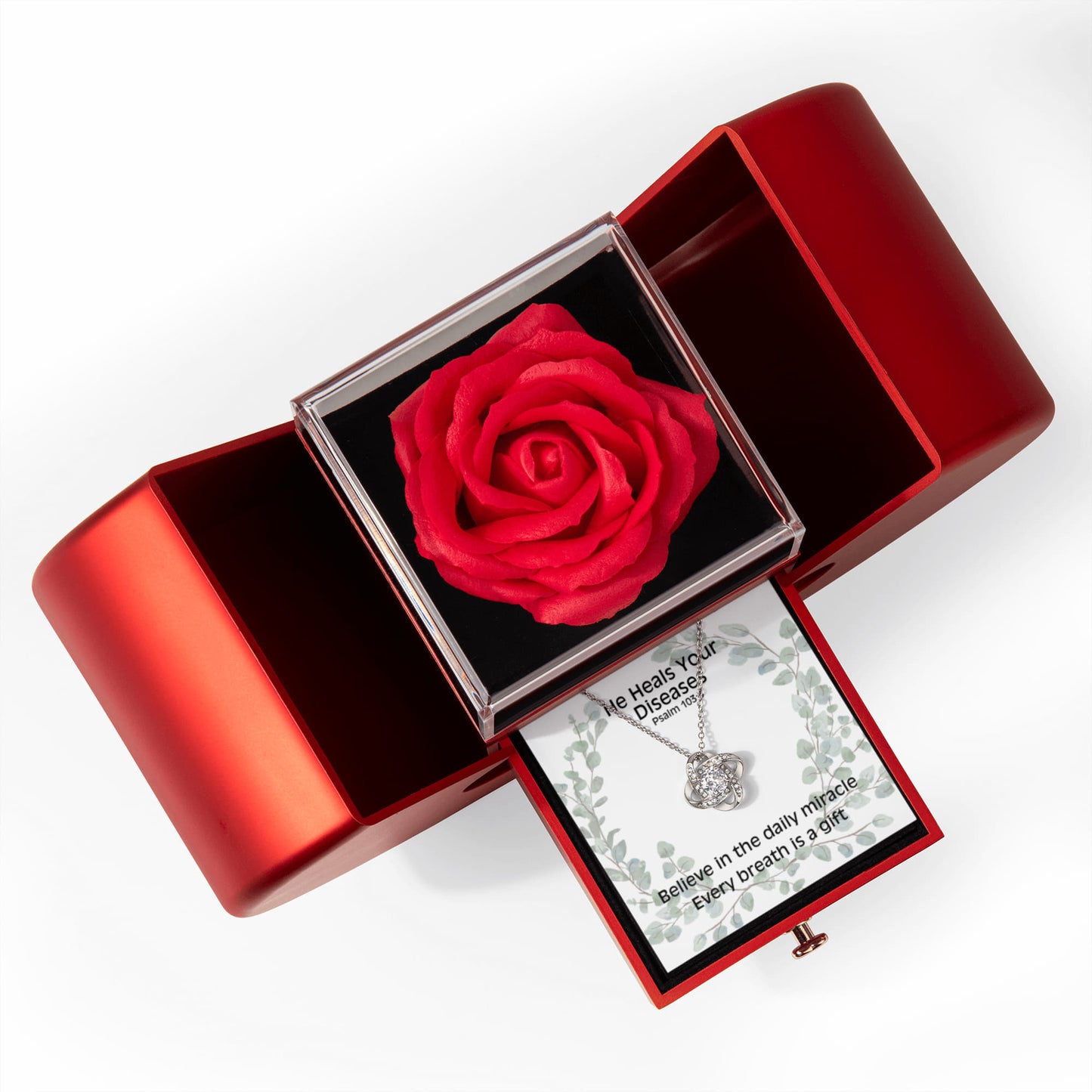 He Heals Your Diseases (Psalm 103:3) | Love Knot Necklace in Red Heart Rose Box