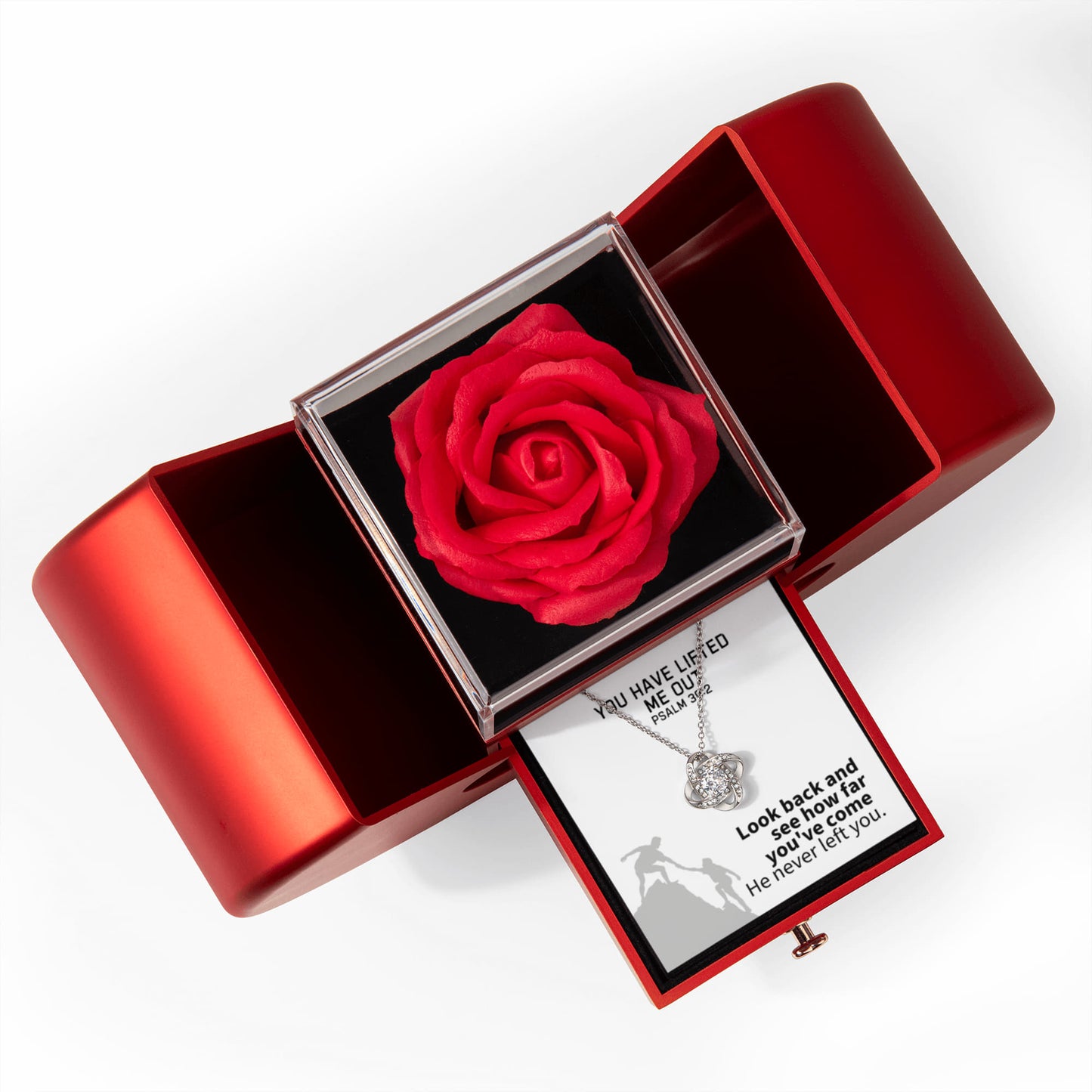 You Have Lifted Me Out (Psalm 30:2) | Love Knot Necklace in Red Heart Rose Box