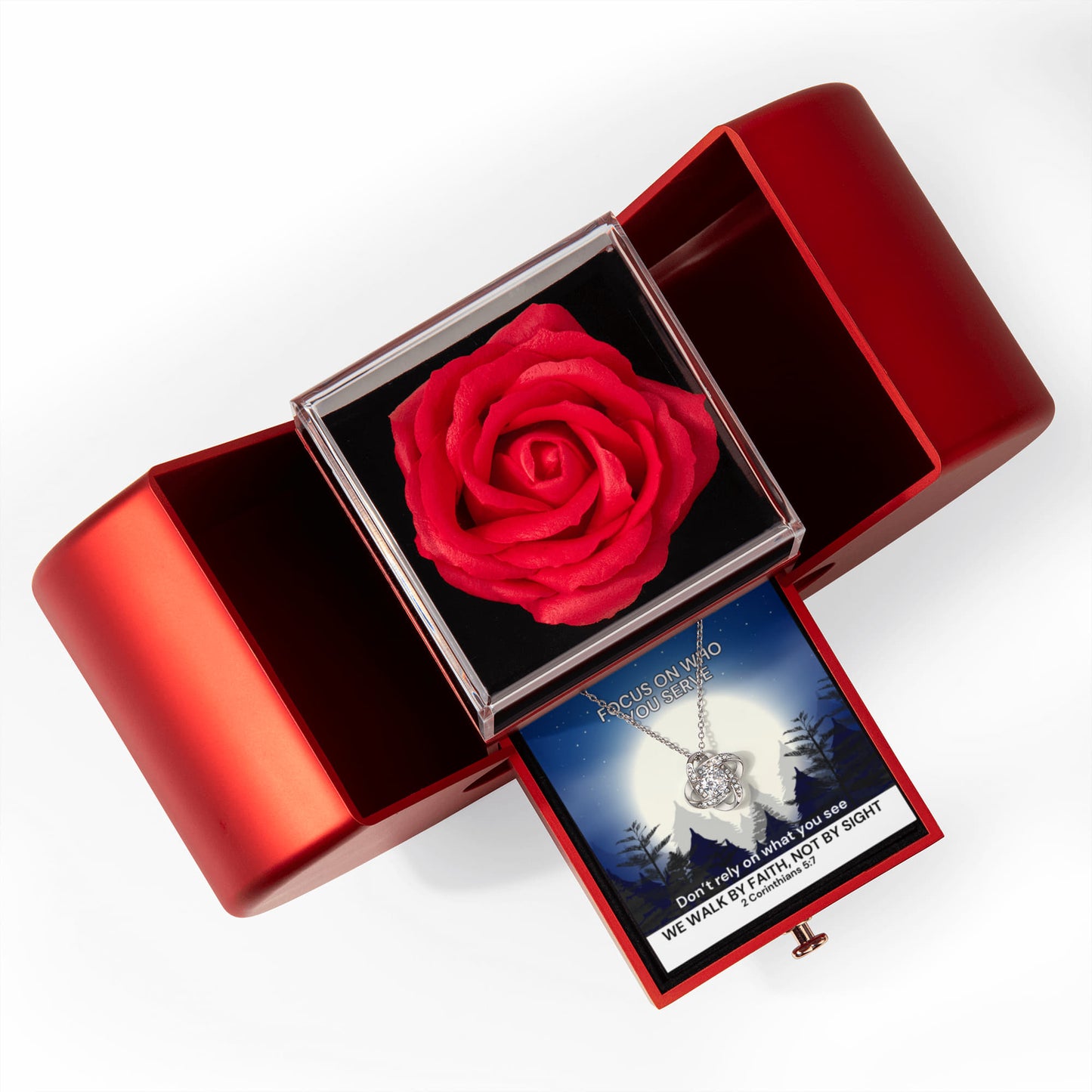 We Walk By Faith, Not By Sight (2 Corinthians 5:7) | Love Knot Necklace in Red Heart Rose Box