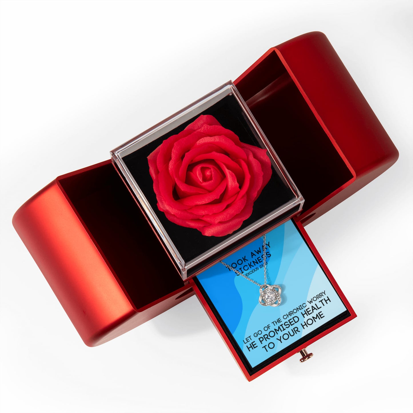 Took Away Sickness (Exodus 23:25) | Love Knot Necklace in Red Heart Rose Box