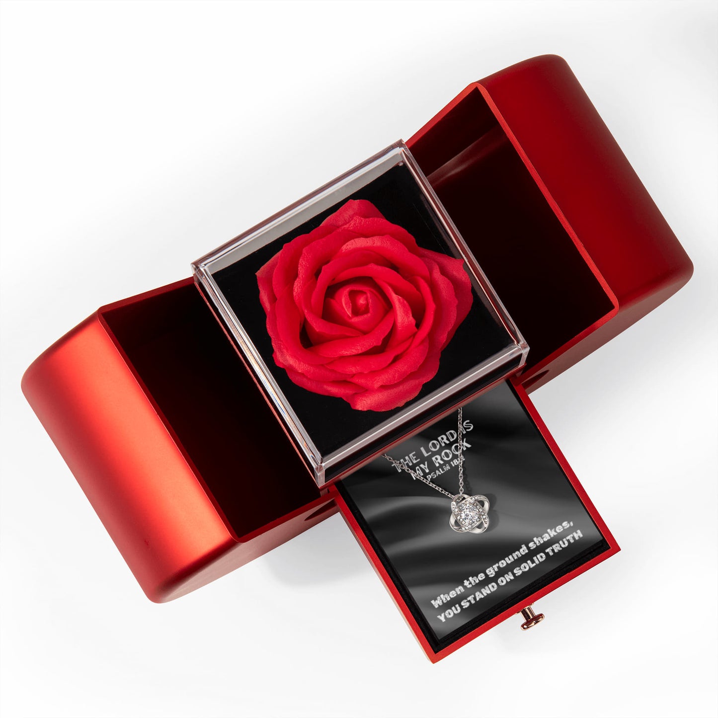 The Lord Is My Rock (Psalm 18:2) | Love Knot Necklace in Red Heart Rose Box